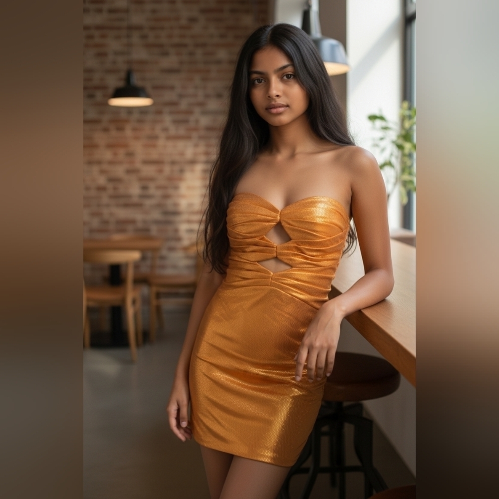 Elegant Orange Metallic Cutout Strapless Dress With Corset Back Size 2